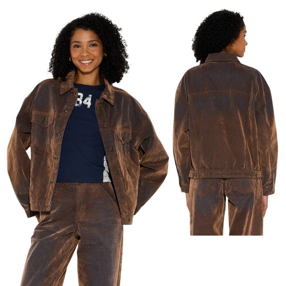 Wild‎ Fable Women's Brown Flocked Distressed Trucker Jacket Size Small